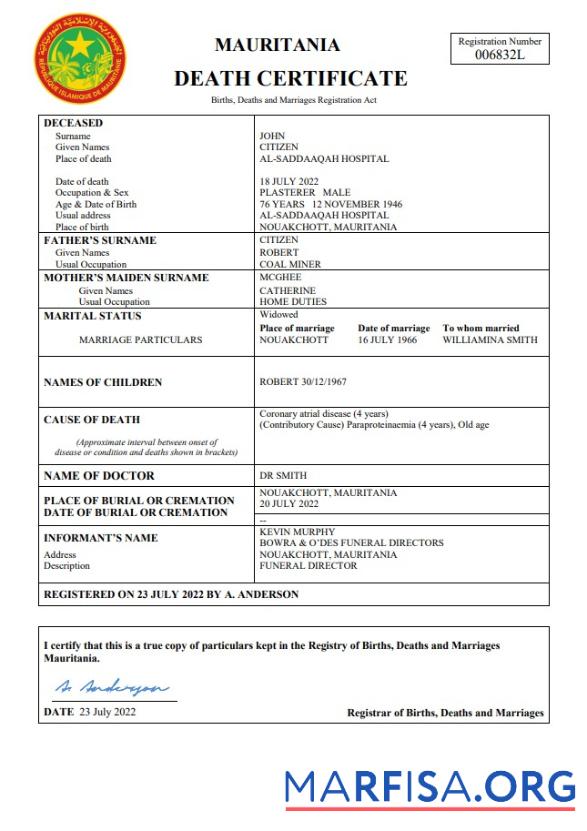Downloadable Mauritania vital record death certificate Word and PDF template